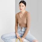 Women's Long Sleeve V-neck Ruched Front Fitted Sweater Knit T-shirt - Wild Fable Brown