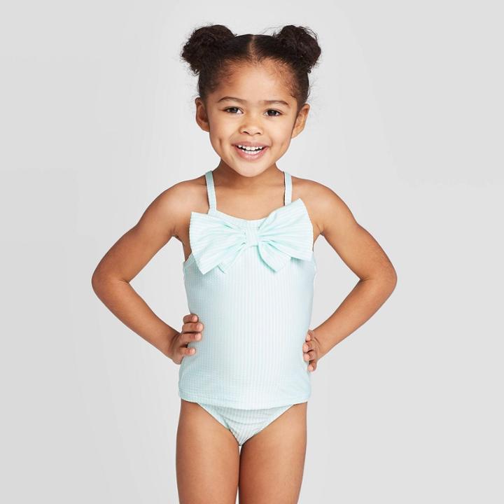 Toddler Girls' Seersucker Bow Stripe Tankini Set - Cat & Jack Turquoise
