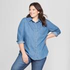 Women's Plus Size Textured Denim No Gap Button-down Long Sleeve Shirt - Ava & Viv Medium Wash X, Blue