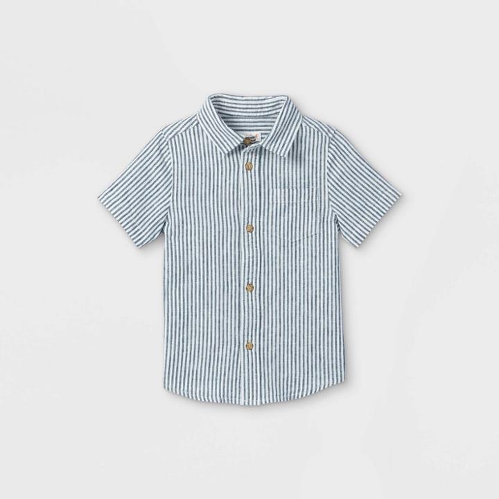 Toddler Boys' Striped Linen Woven Short Sleeve Button-down Shirt - Cat & Jack Blue