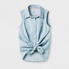 Plus Size Girls' Sleeveless Tie Front Denim Button-down Shirt - Cat & Jack Light Blue