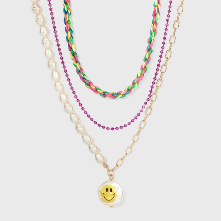 Simulated Pearl And Smiley Face Charm Chain Necklace Set 3pc - Wild Fable , White