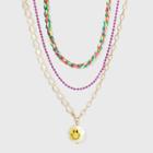Simulated Pearl And Smiley Face Charm Chain Necklace Set 3pc - Wild Fable , White
