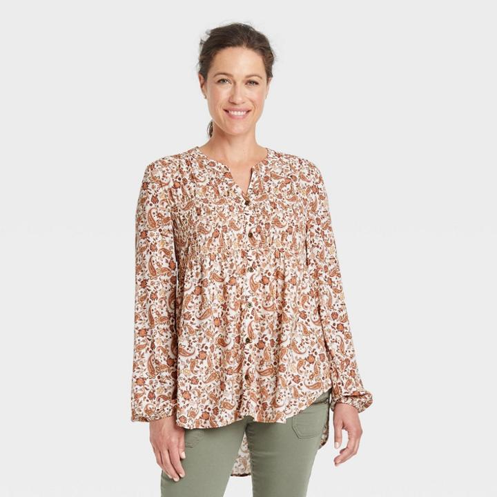 Women's Long Sleeve Smocked Button-front Shirt - Knox Rose Blush