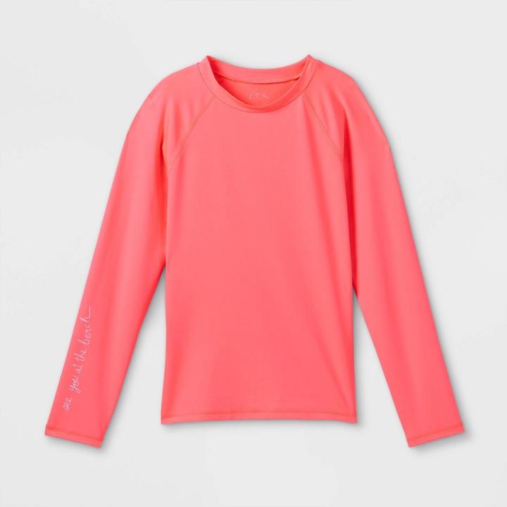Girls' Solid Raglan Long Sleeve Rash Guard Swim Shirt - Art Class Pink