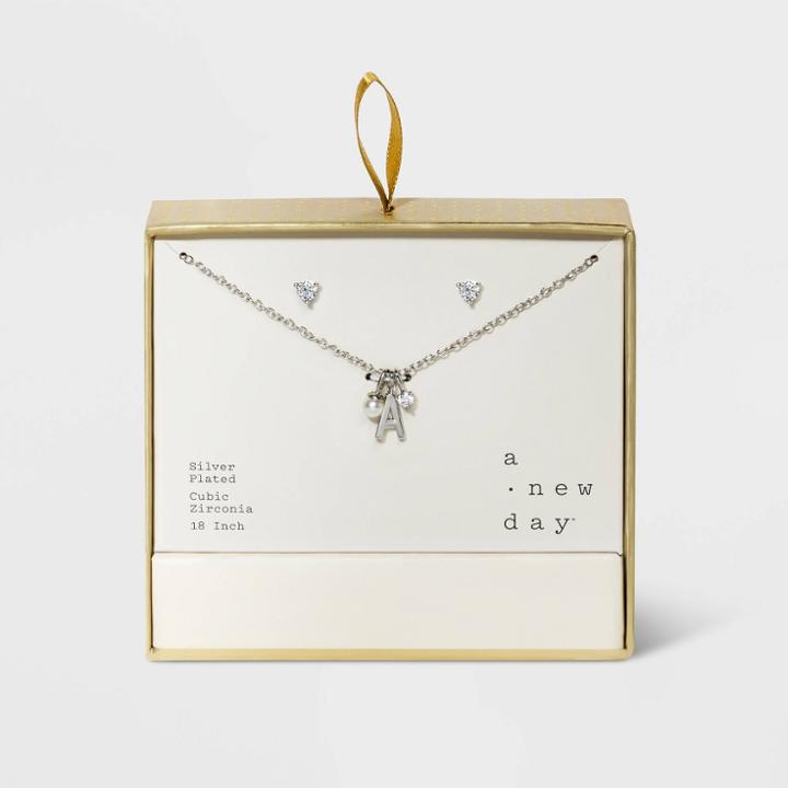 Silver Plated With Cubic Zirconia And Pearl Initial A Charm Cluster Necklace And Earring Set - A New Day