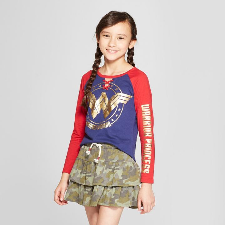 Dc Comics Girls' Wonder Woman Long Sleeve Raglan T-shirt - Navy/red