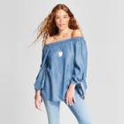 Women's Off The Shoulder Polka Dot Tie Sleeve Tunic - Alison Andrews Blue