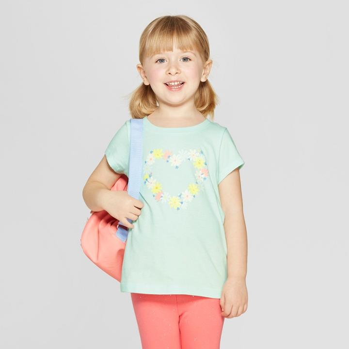 Toddler Girls' Short Sleeve 'floral Heart' Graphic T-shirt - Cat & Jack Aqua