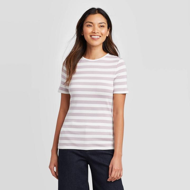 Women's Striped Short Sleeve Crewneck Fitted T-shirt - A New Day Light Purple