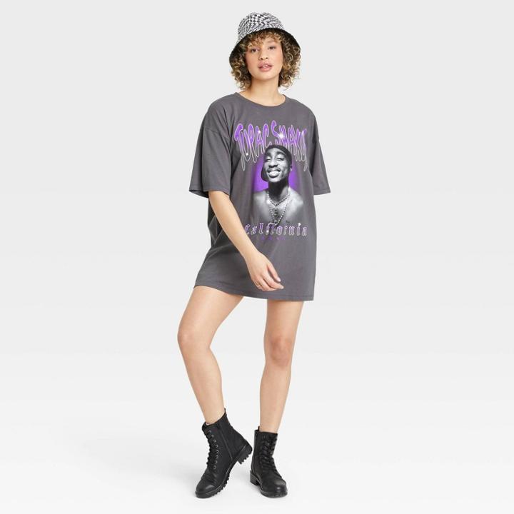 Women's Tupac Short Sleeve Oversized Graphic T-shirt Dress - Black