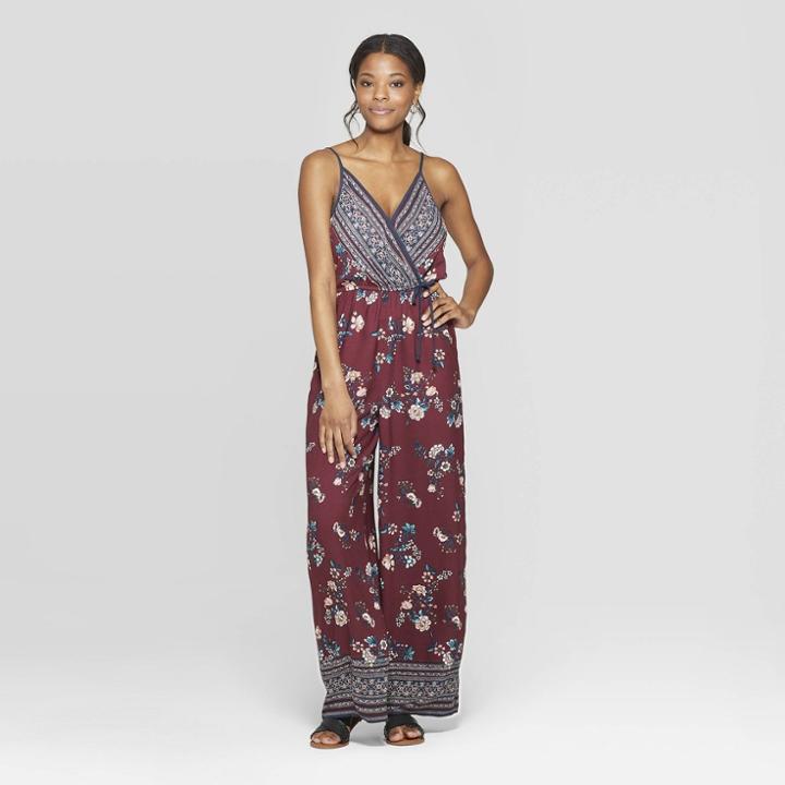 Women's Deep V-neck Strappy Wrap Front Jumpsuit - Xhilaration Wine/navy