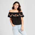 Women's Short Sleeve Off The Shoulder Flounce Embroidered Top - Xhilaration Black