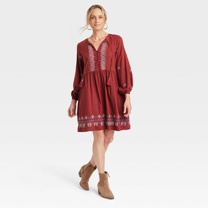 Women's Balloon Long Sleeve Embroidered Dress - Knox Rose
