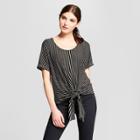 Women's Short Sleeve Striped Knit Tie Front Top - Vanity Room Black/white