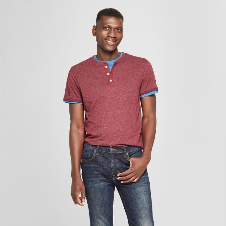 Men's Standard Fit Short Sleeve Henley Shirt - Goodfellow & Co Berry Cobbler