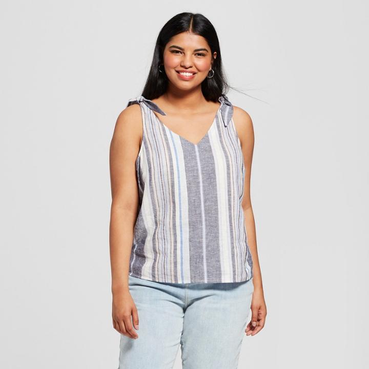 Women's Plus Size Striped Sleeveless Linen Blend Tie Shoulder Tank - A New Day Gray/white X, Blue