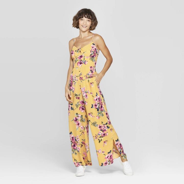 Women's Floral Print Strappy Front Tie Jumpsuit - Xhilaration Yellow