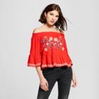 Women's Off The Shoulder Embroidered Bell Sleeve Top - Xhilaration Red