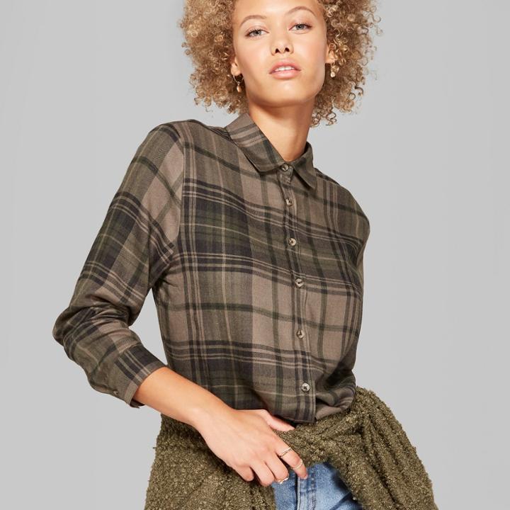 Women's Long Sleeve Button Front Cropped Plaid Top - Wild Fable Olive (green)