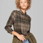 Women's Long Sleeve Button Front Cropped Plaid Top - Wild Fable Olive (green)