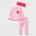 Baby Girls' 3pc Ribbed Top & Bottom Set With Headband - Cat & Jack Pink Newborn