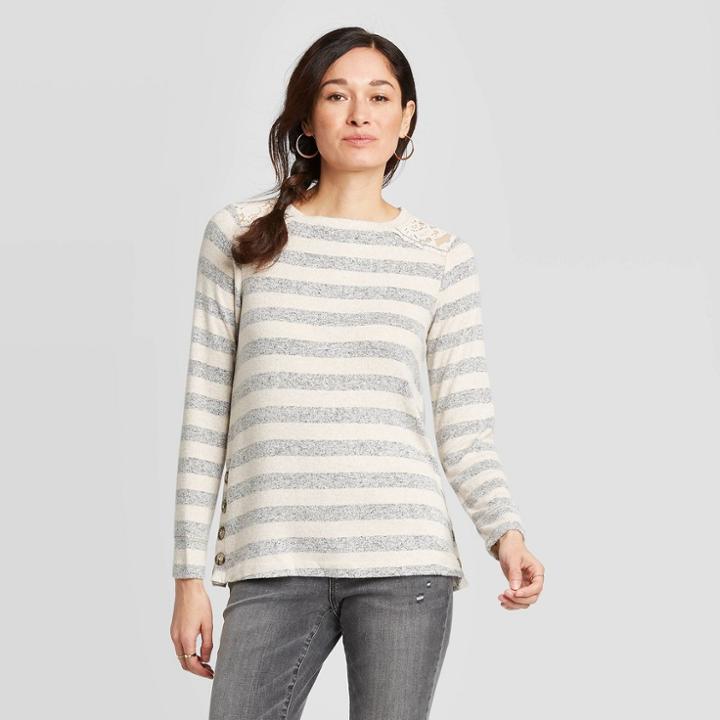Women's Striped Long Sleeve Round Neck Blouse - Knox Rose Ivory Xs, Women's, Beige