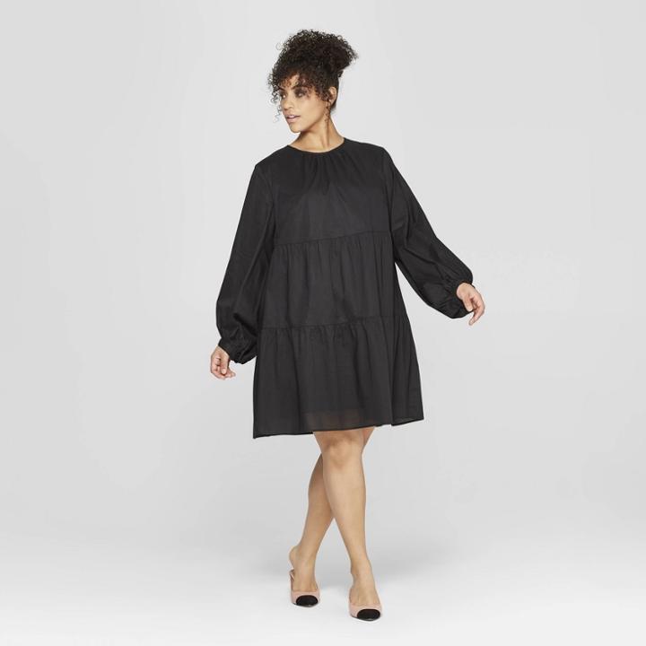 Women's Plus Size Long Sleeve Flowy Tiered Mini Babydoll Dress - Who What Wear Black X