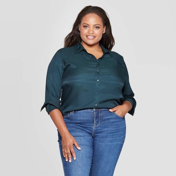 Women's Plus Size Long Sleeve Collared Button-up Blouse - Ava & Viv Dark Green