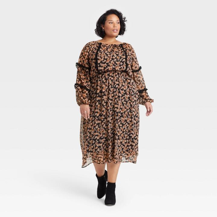 Women's Plus Size Long Sleeve Dress - Knox Rose Black Floral