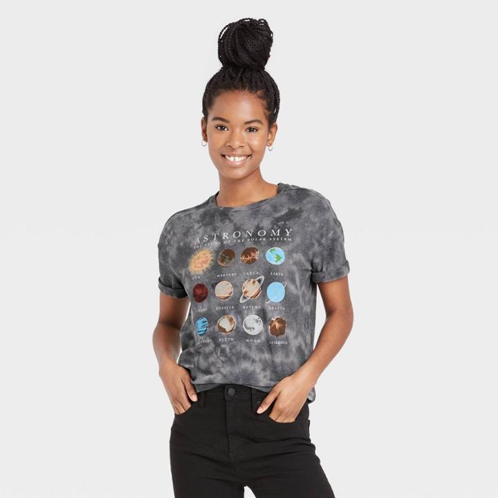 Fifth Sun Women's Astronomy Planet Short Sleeve Graphic T-shirt - Charcoal Gray