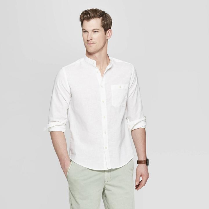 Men's Long Sleeve Mandarin Collared Linen Cotton Button-down Shirt - Goodfellow & Co White