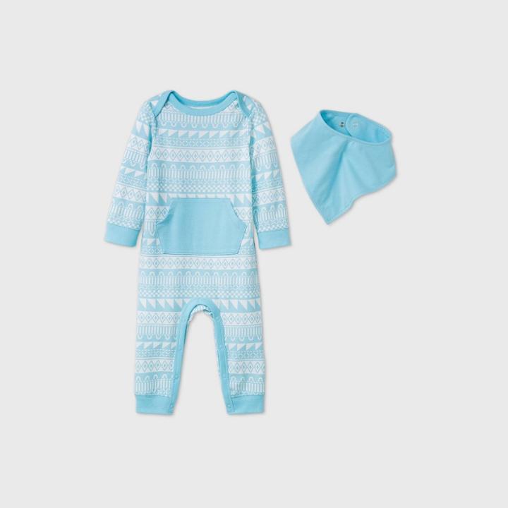 Baby Fair Isle Bib Romper - Cat & Jack Turquoise Newborn