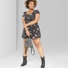 Women's Plus Size Floral Print Short Sleeve Scoop Neck Knit Skater Dress - Wild Fable Black