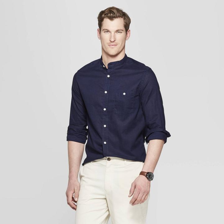 Men's Long Sleeve Mandarin Collared Linen Cotton Button-down Shirt - Goodfellow & Co Xavier Navy