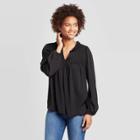Women's Long Sleeve Split Neck Satin Blouse With Smocking - Knox Rose Black
