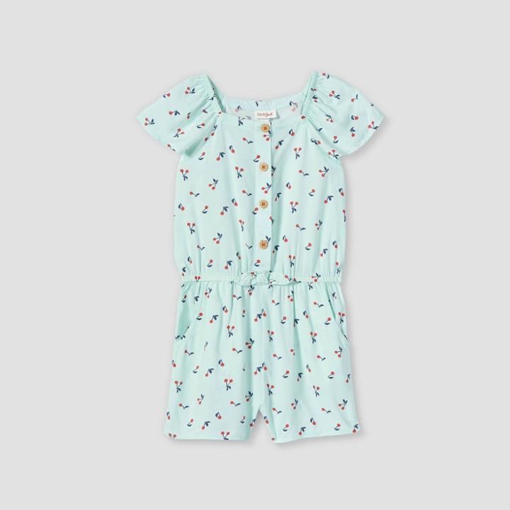 Girls' Printed Short Sleeve Woven Romper - Cat & Jack Cherries Mint L Plus, Cherries Green