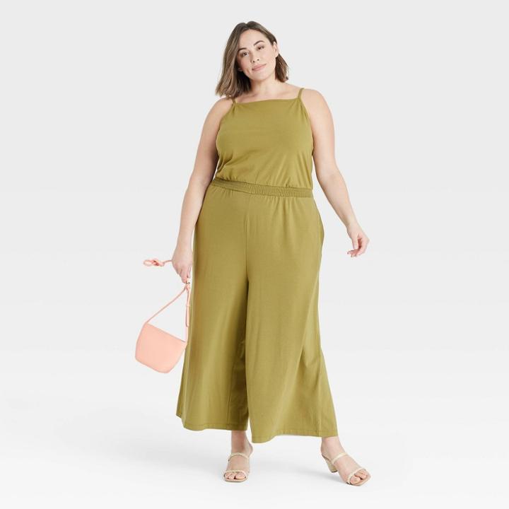 Women's Plus Size Sleeveless Smocked Cinched Jumpsuit - A New Day Olive