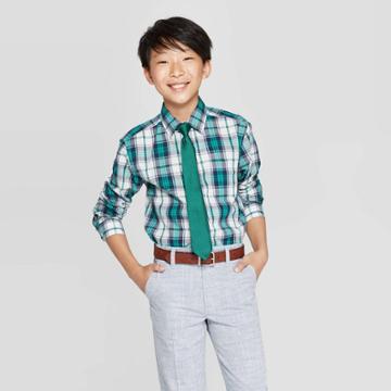 Wd·ny Black Boys' Long Sleeve Plaid Button-down Shirt With Tie - Wd.ny Black - Green