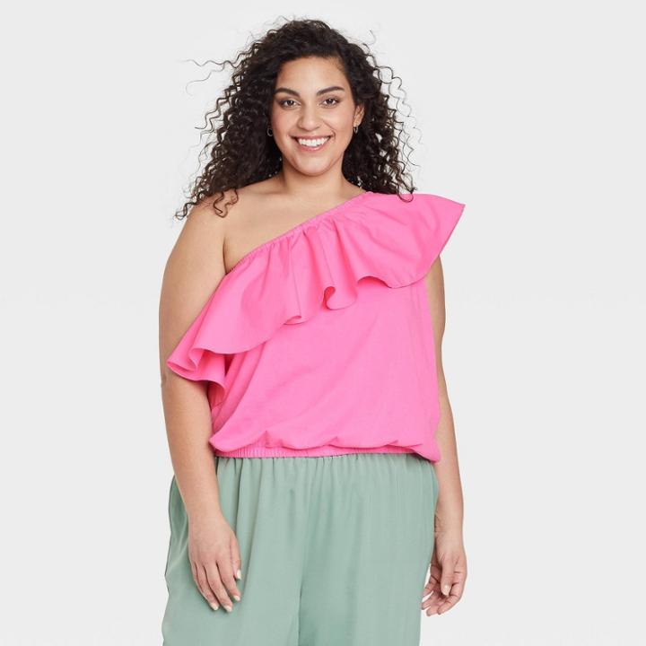 Women's Plus Size One Shoulder Ruffle Top - A New Day Pink