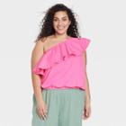 Women's Plus Size One Shoulder Ruffle Top - A New Day Pink