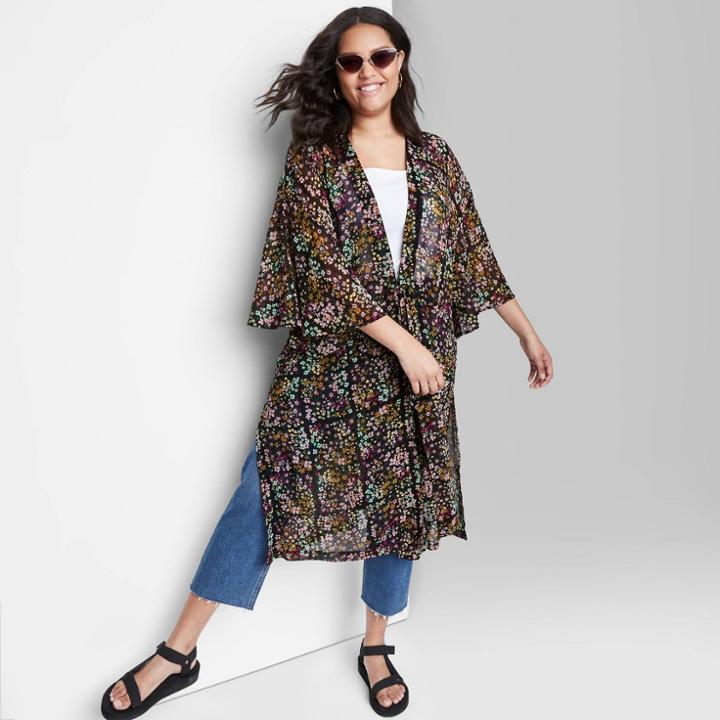 Women's Plus Size Floral Print Duster - Wild Fable Black