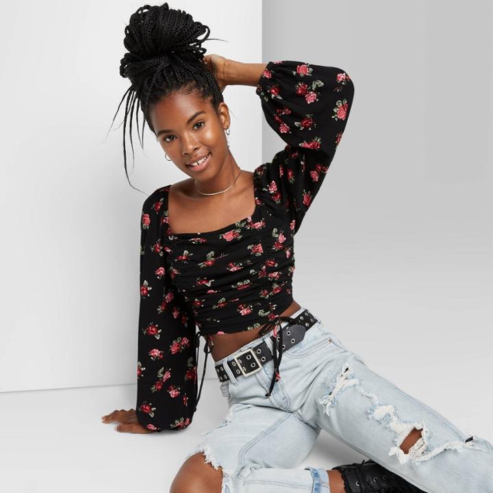 Women's Floral Print Bishop Long Sleeve Cropped Cinch Front Top - Wild Fable Black/red