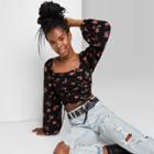 Women's Floral Print Bishop Long Sleeve Cropped Cinch Front Top - Wild Fable Black/red
