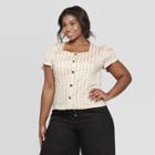 Women's Plus Size Gingham Short Puff Sleeve Square Neck Button Front Top - Who What Wear White