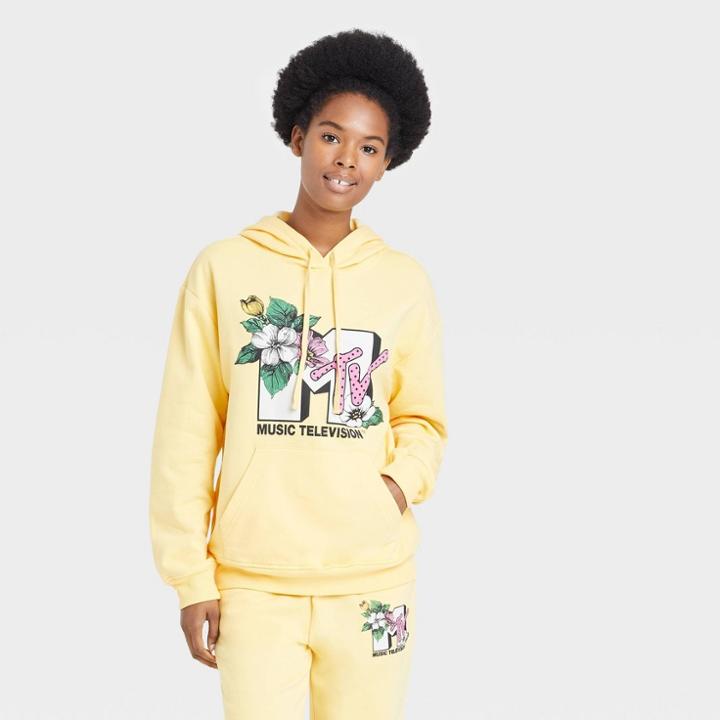 Women's Mtv Floral Print Logo Hooded Graphic Sweatshirt - Yellow
