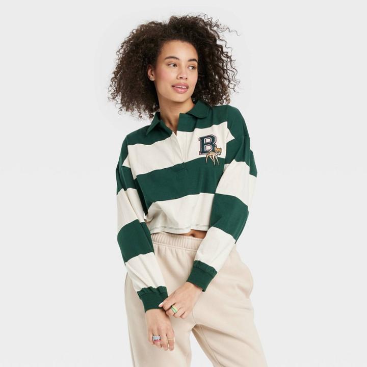 Women's Disney Bambi Long Sleeve Striped Graphic Polo T-shirt - Ivory