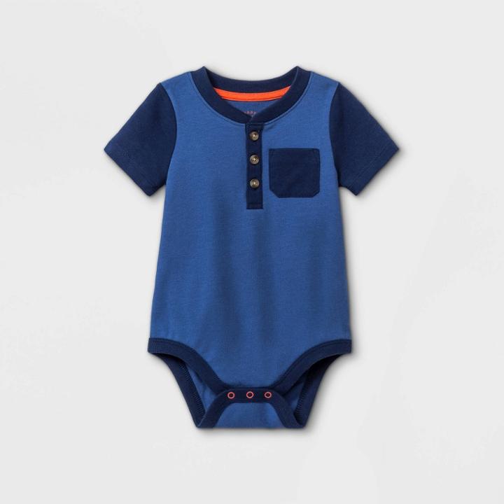 Baby Boys' Henley Pocket Short Sleeve Bodysuit - Cat & Jack Dusty Blue Newborn