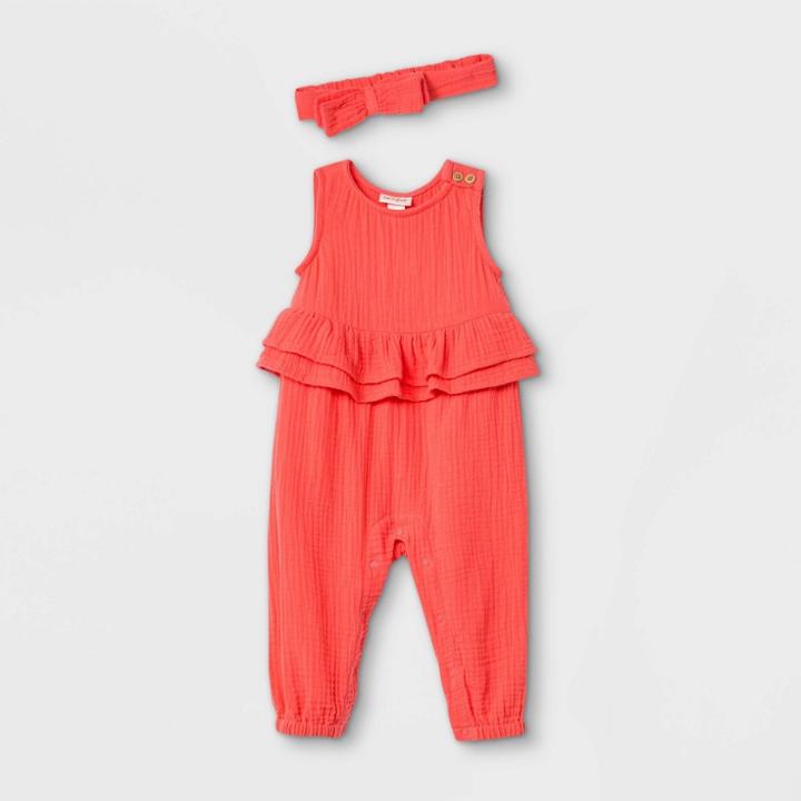 Baby Girls' Gauze Ruffle Romper With Headband - Cat & Jack Coral Newborn, Pink