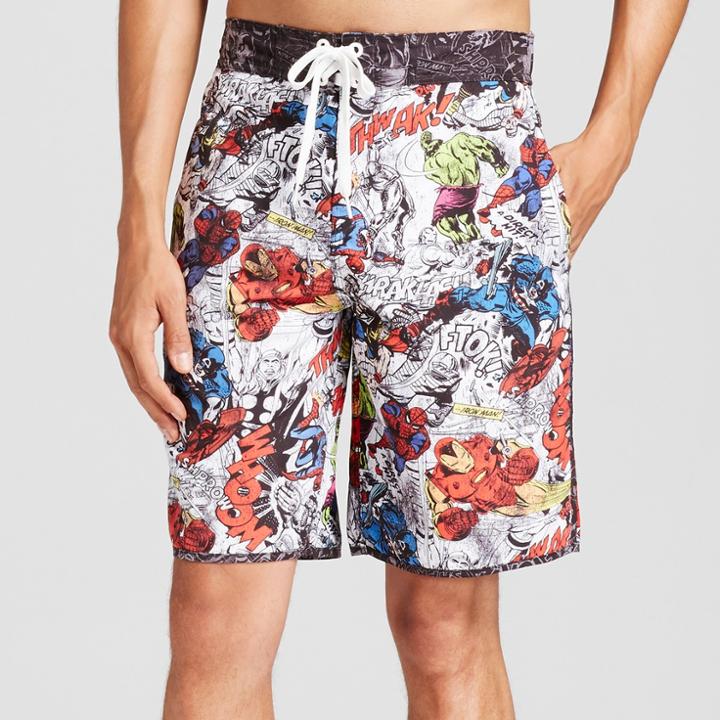 Men's 10 Marvel Comic Pattern Board Shorts - White S,